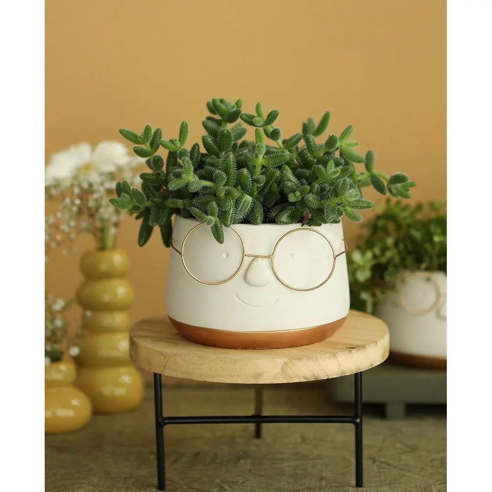 Ideas4seasons Plantenpot ribbel bril - wit/goud - D16 x H12 cm