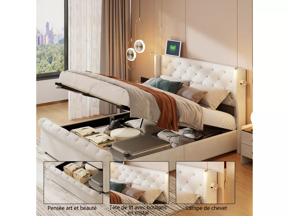 Lit coffre 140x190cm avec rangements, avec tête de lit, liseuse avec chargement USB, sommier à lattes, cadre de lit, lit double style contemporain, Beige