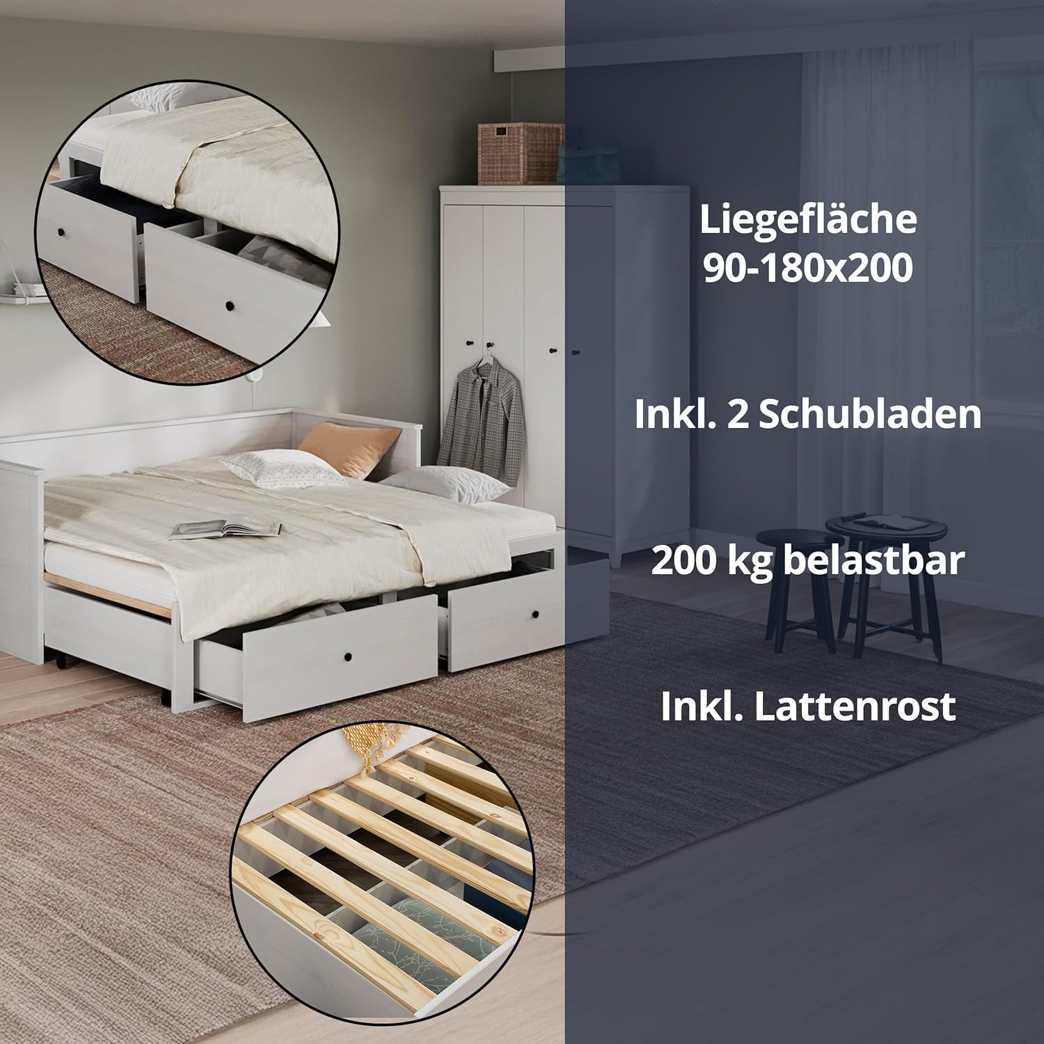 KHG Tagesbett mit Ausziehfunktion 90-180x200cm weiß integrierte Schubkästen mit Lattenrost Holzwerkstoff moderner Landhaus-Charme