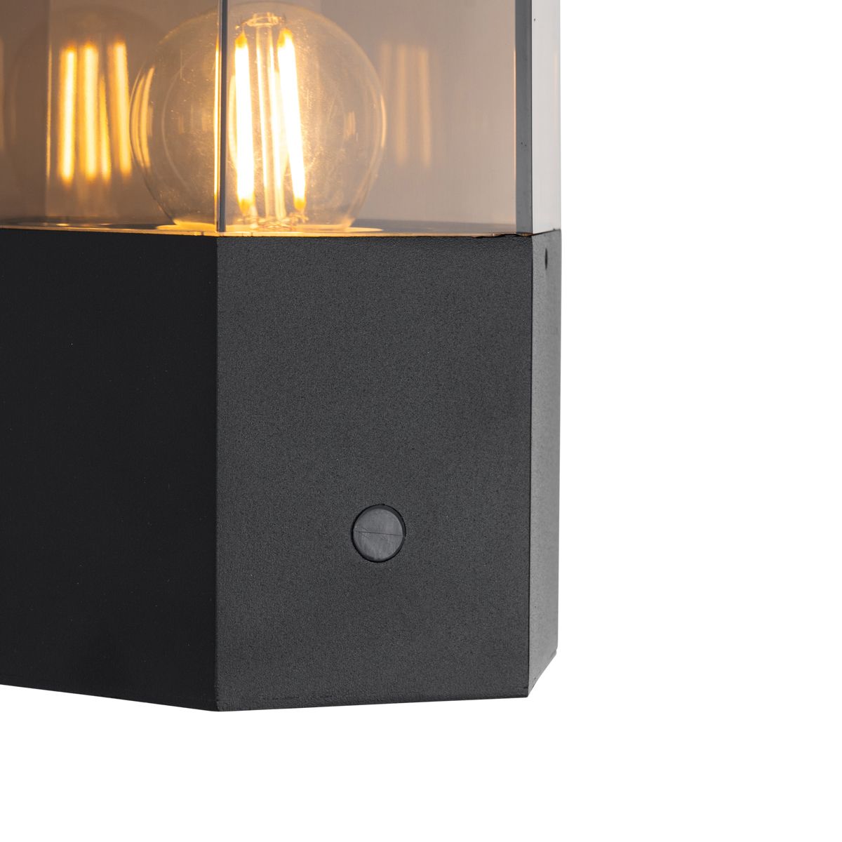 Buiten wandlamp zwart met smoke glas zeshoek en schemersensor - Denmark