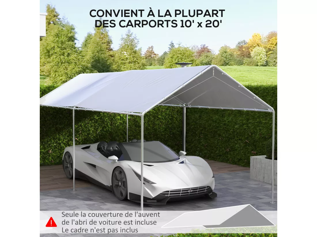 Toile de rechange carport auvent voiture dim. 6L x 3l m tendeurs élastiques inclus PE haute densité blanc