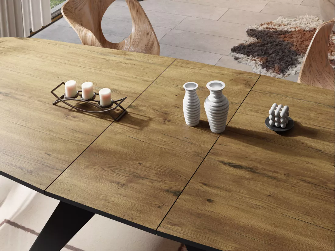 Table à Manger Extensible Style Loft - Table Industrielle Avec Pieds Métalliques Noirs - Design Moderne Pour Salon - 160 Cm Extensible à 200 Cm - Chêne Lancelot