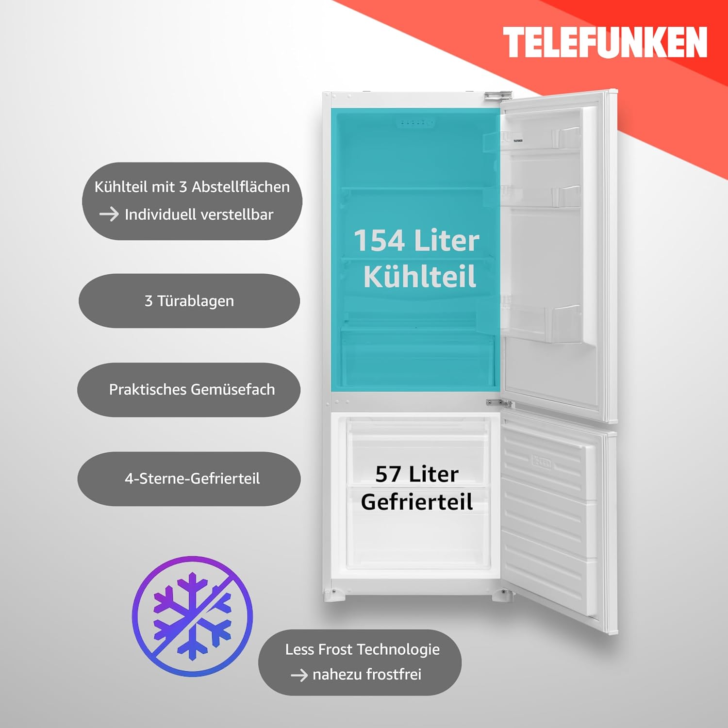 TELEFUNKEN Einbau-Kühl-Gefrierkombination | Einbaukühlschrank mit Gefrierfach (4-Sterne) | 144cm Nische | 211 Liter Gesamt-Nutzinhalt | Schlepptür | Less Frost | Temperaturregelung | C-EKG-144-ST-E