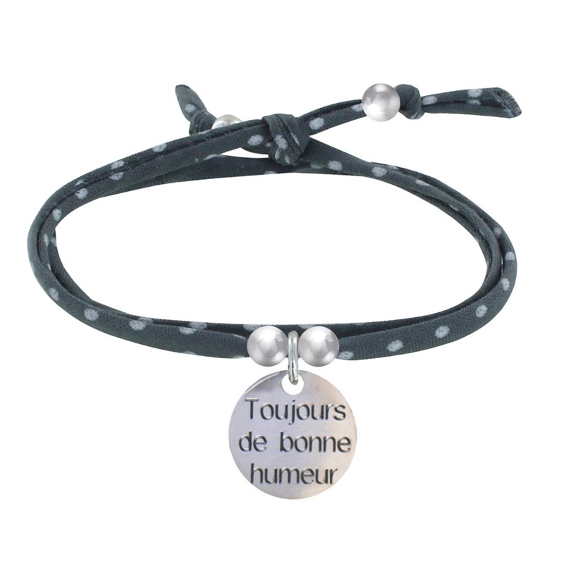 Bracelet Double Tour Lien Liberty et Médaille Toujours de Bonne Humeur Argent - Gris
