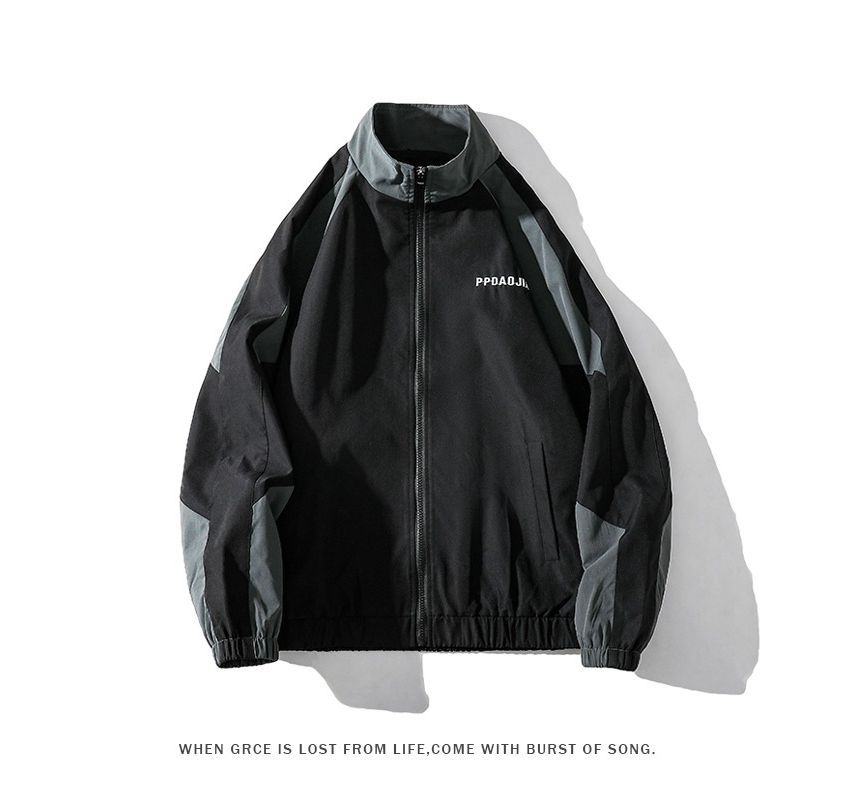 WidoWilder - Mock-Neck Two Tone Lettering Zip-Up Jacket