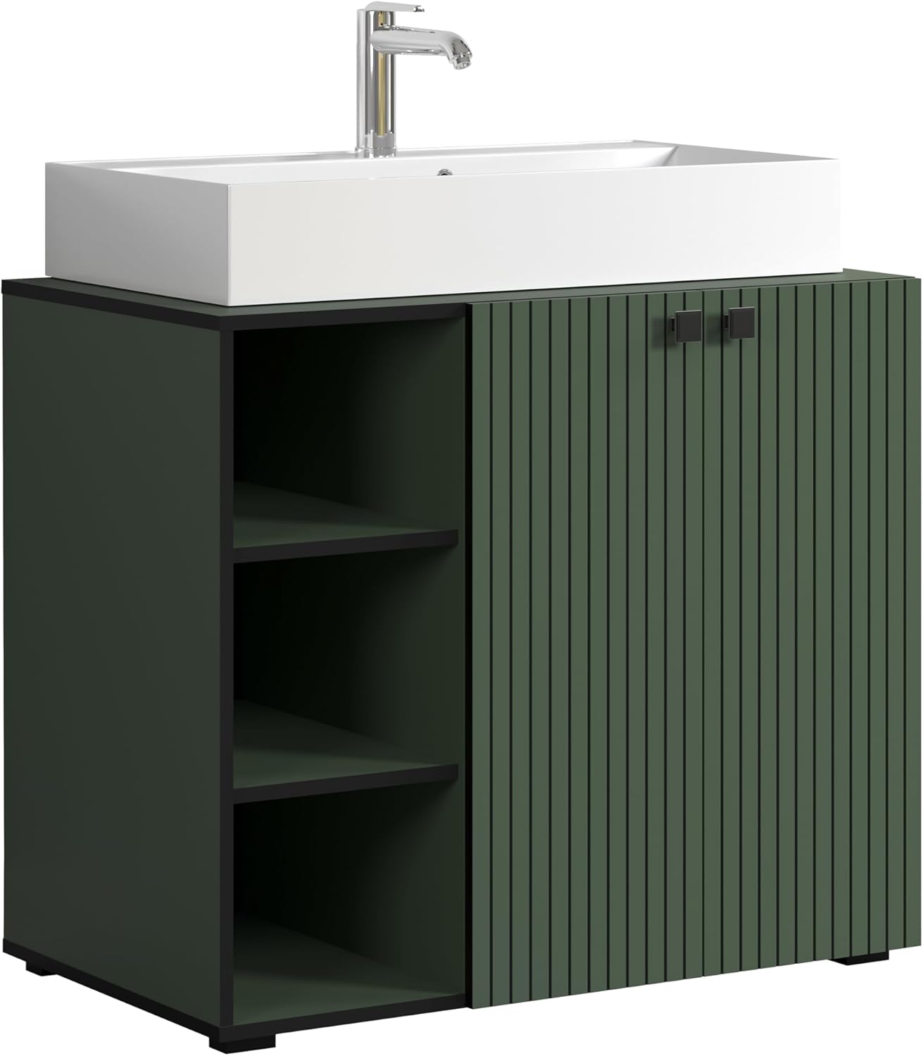 trendteam smart living - PureBliss - Waschbeckenunterschrank - Grün - Rillenoptik - 3 offene Fächer + 1 Einlegeboden + 80cm Aufsatzwaschbecken - (BxHxT) 90 x 91 x 53cm - edle Metallgriffe