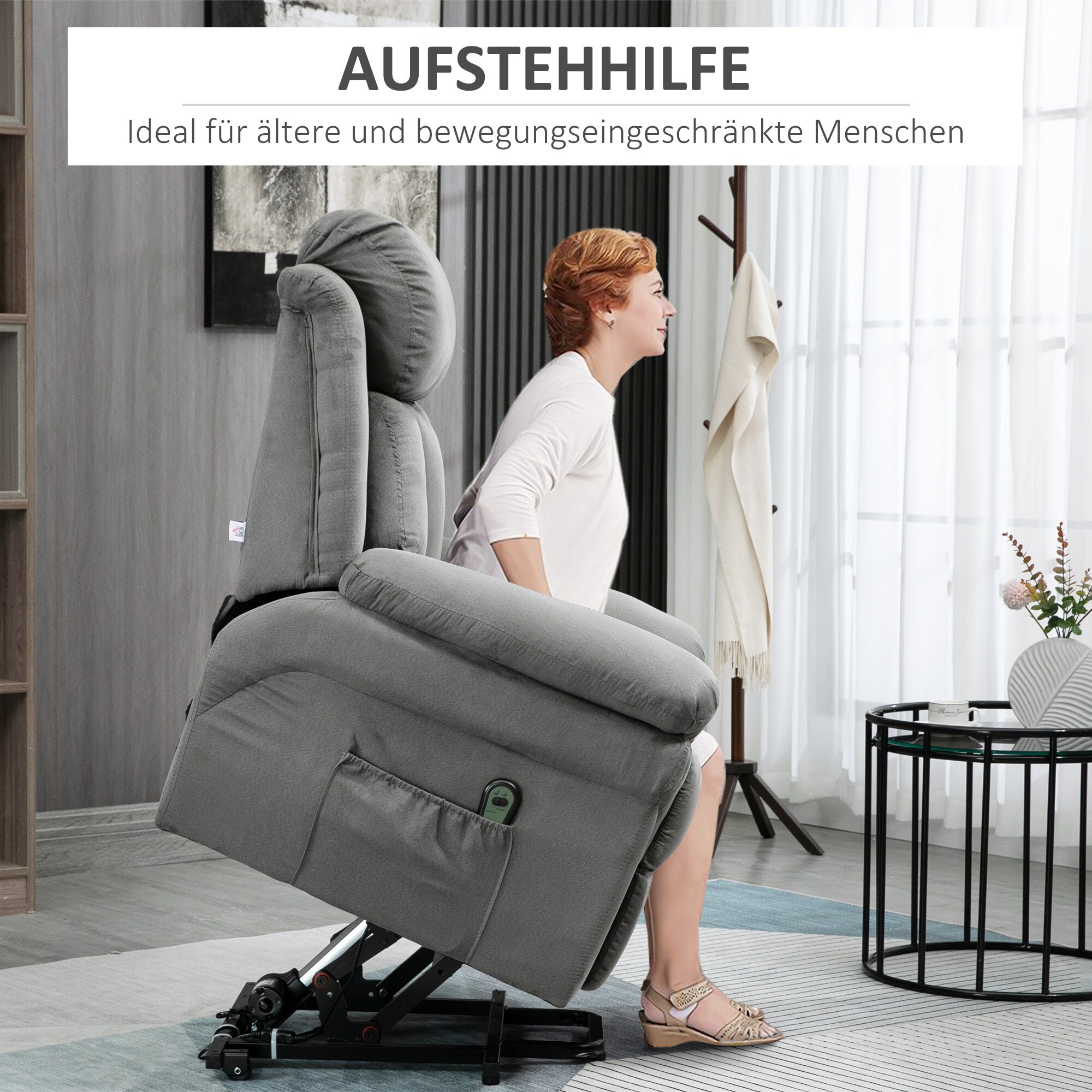 HOMCOM Relaxsessel mit fernbedienungsgesteuerter Aufstehhilfefunktion grau 93L x 96B x 105H cm