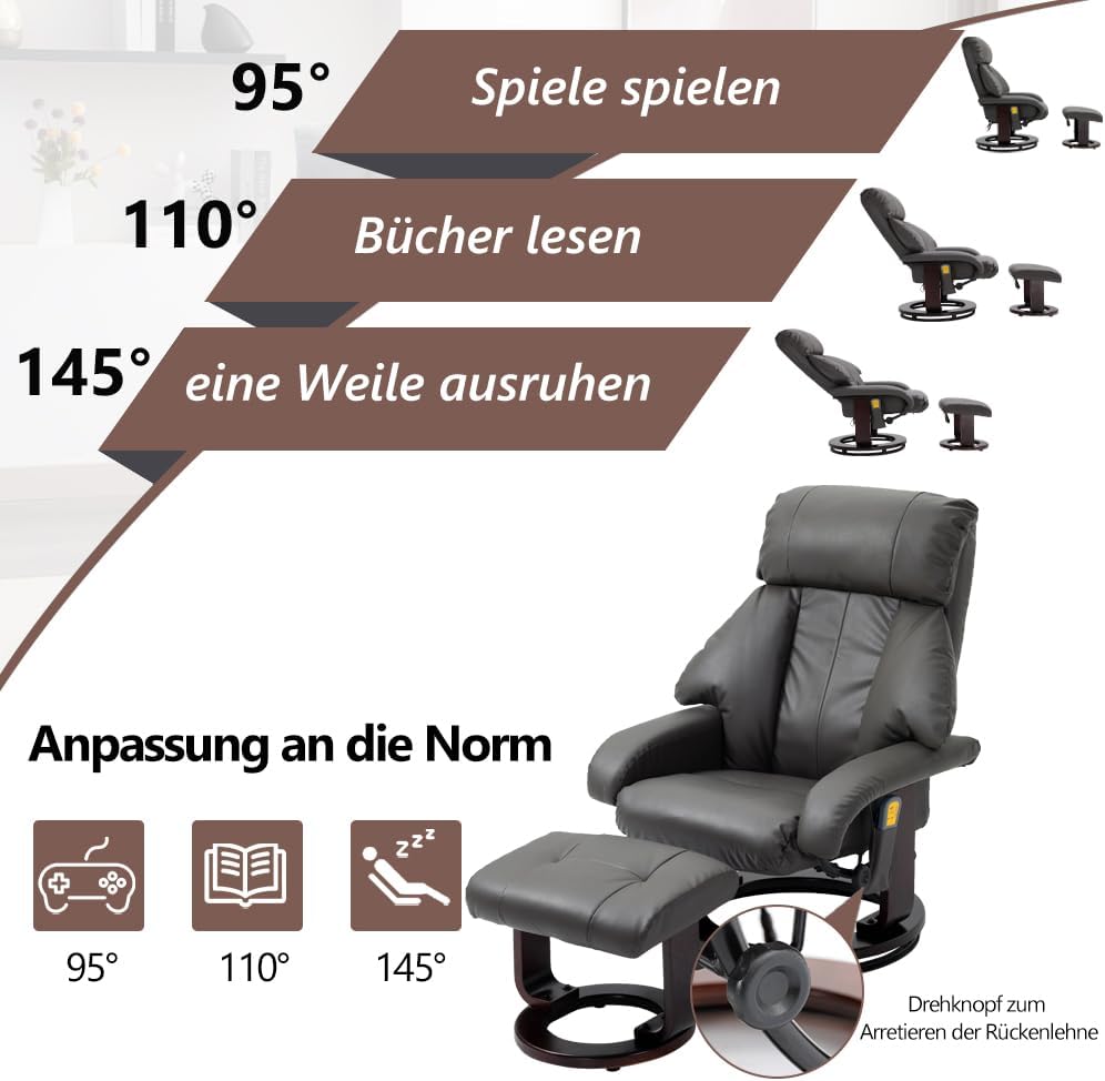 Mingone Fernsehsessel mit Hocker Massagesessel Relaxsessel mit Liegefunktion Elektrisch Wärmefunktion TV-Sessel für Wohnzimmer 360°Drehbar Kunstleder,Grau
