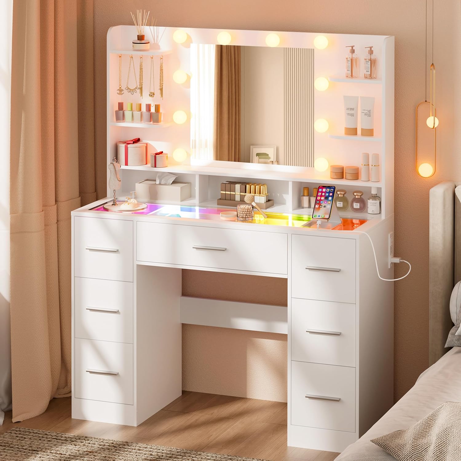Schminktisch mit LED-Spiegel & Arbeitsplatz, 120x60x175 cm 6 Schubladen inkl. USB-Steckdose, Hollywood-Beleuchtung 3 Modi, 8 Ablagen, 14 Haken, 32 cm Kosmetikschrank, Ohne Hocker (Large 2)