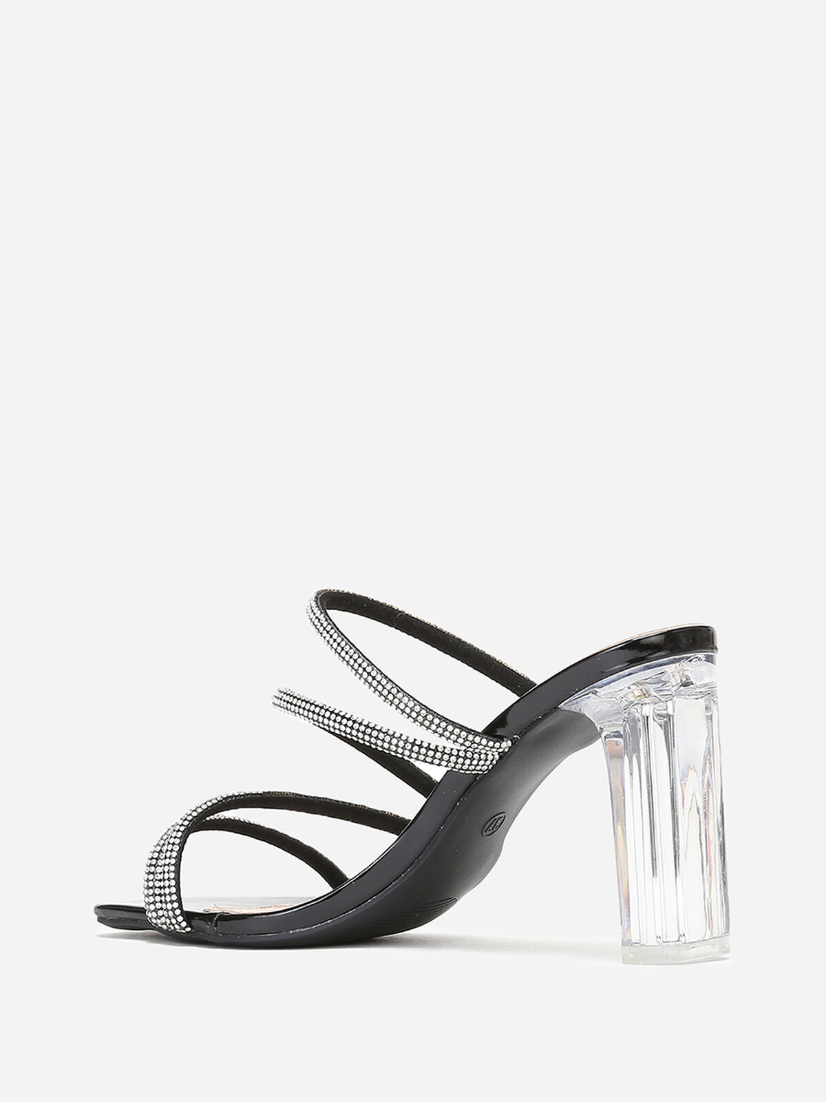 Mules à talon transparent et brides en strass- Noir