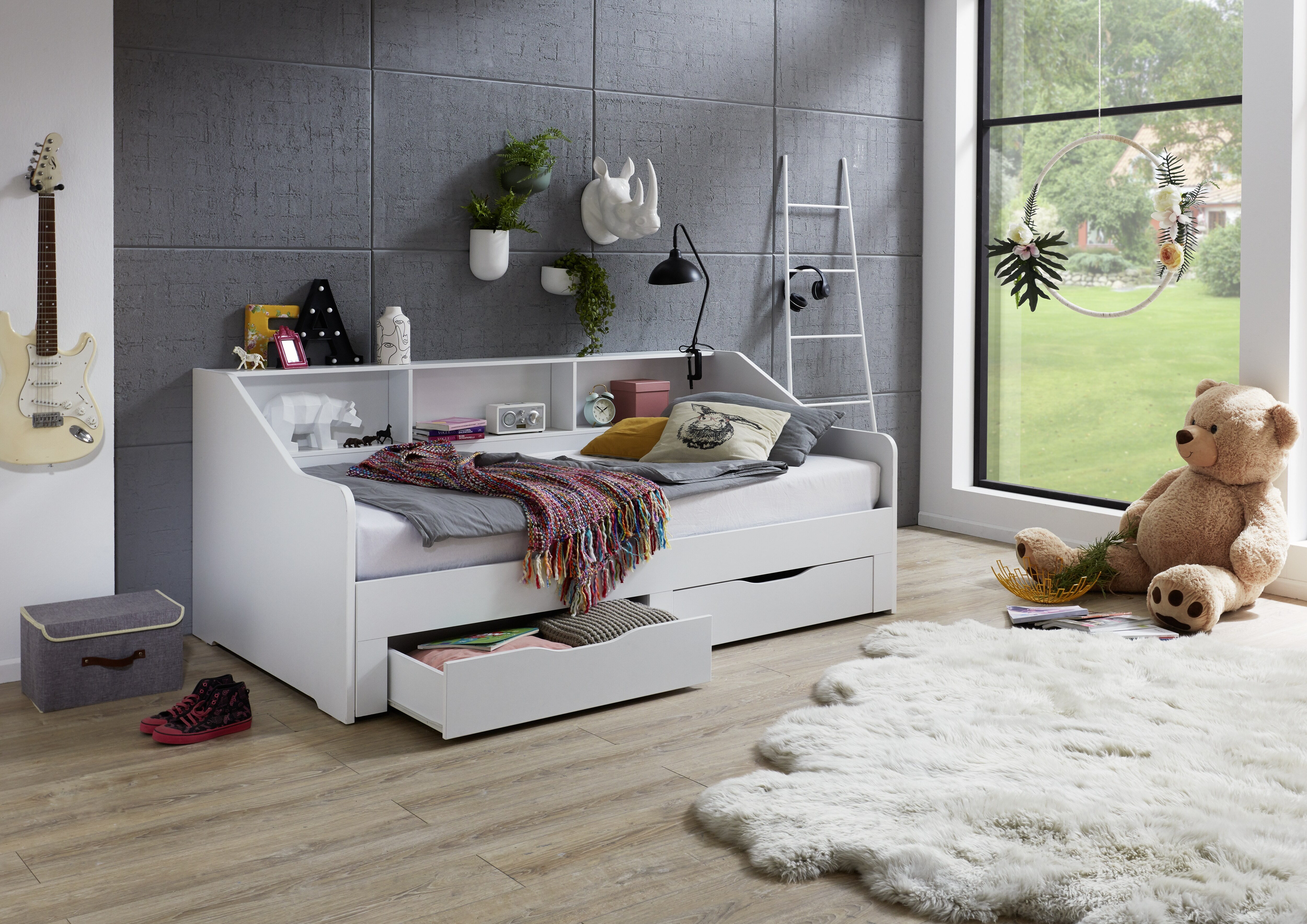Relita - Funktionsbett Rene 90x 200 auf 180 x 200 cm Liegefläche ausziehbar, inkl. 2 Schubladen und Regal, Ausf. Dekor Weiß