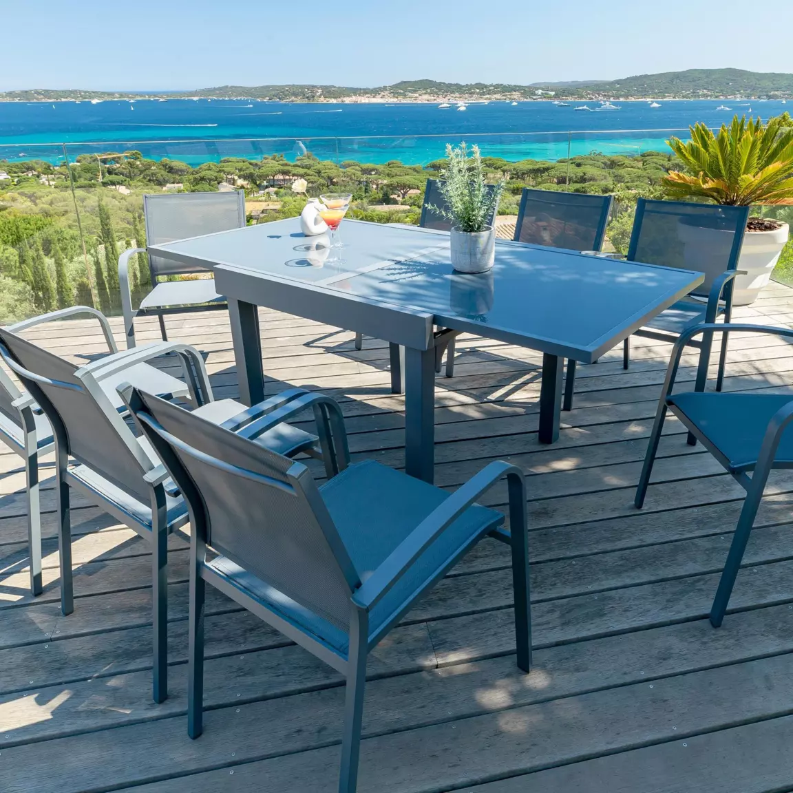 Table de jardin extensible en verre 8 places (90/180 x 90 cm) Murano Gris ardoise