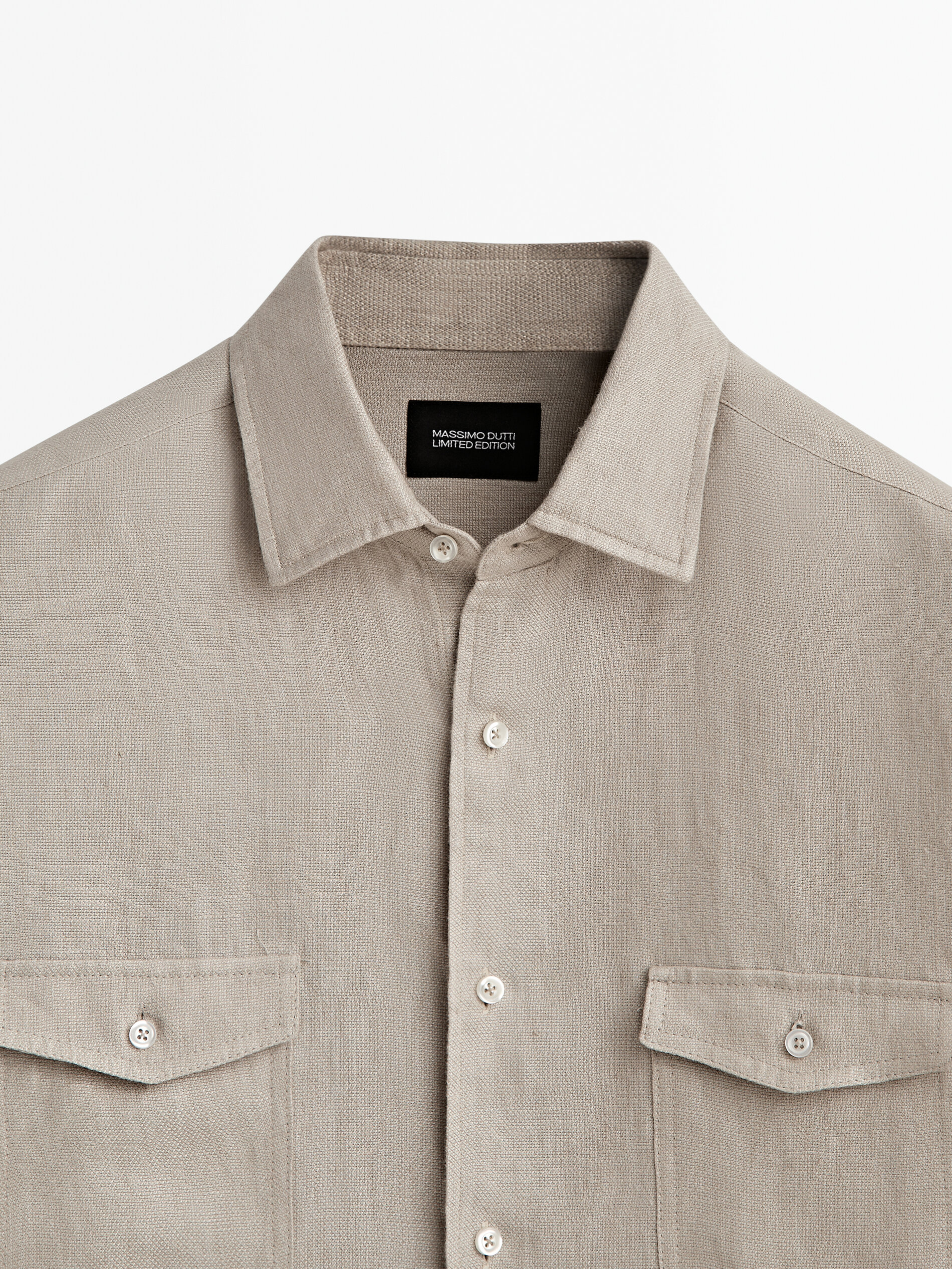 Camisa de linho com bolsos, modelagem regular, Edição Limitada - Bege