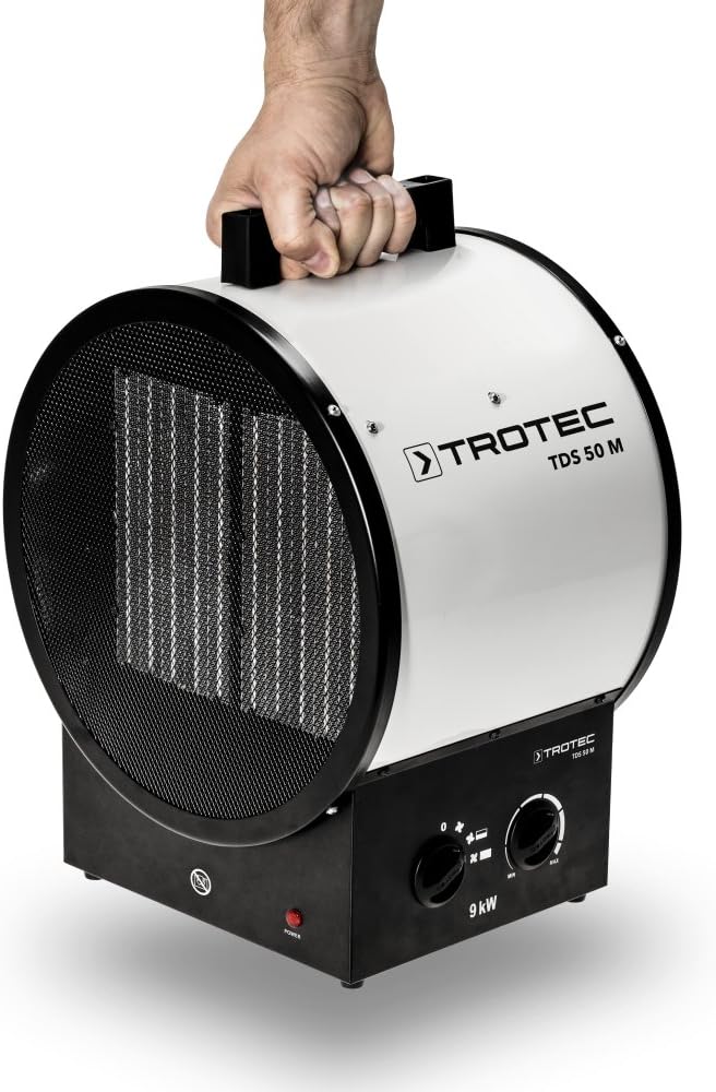 TROTEC Bauheizer elektrisch TDS 50 M – Heizleistung 0,08 kW / 6 kW / 9 kW – Elektroheizer Luftmenge 1180 m³/h – Heizlüfter mit Thermostat, Keramik