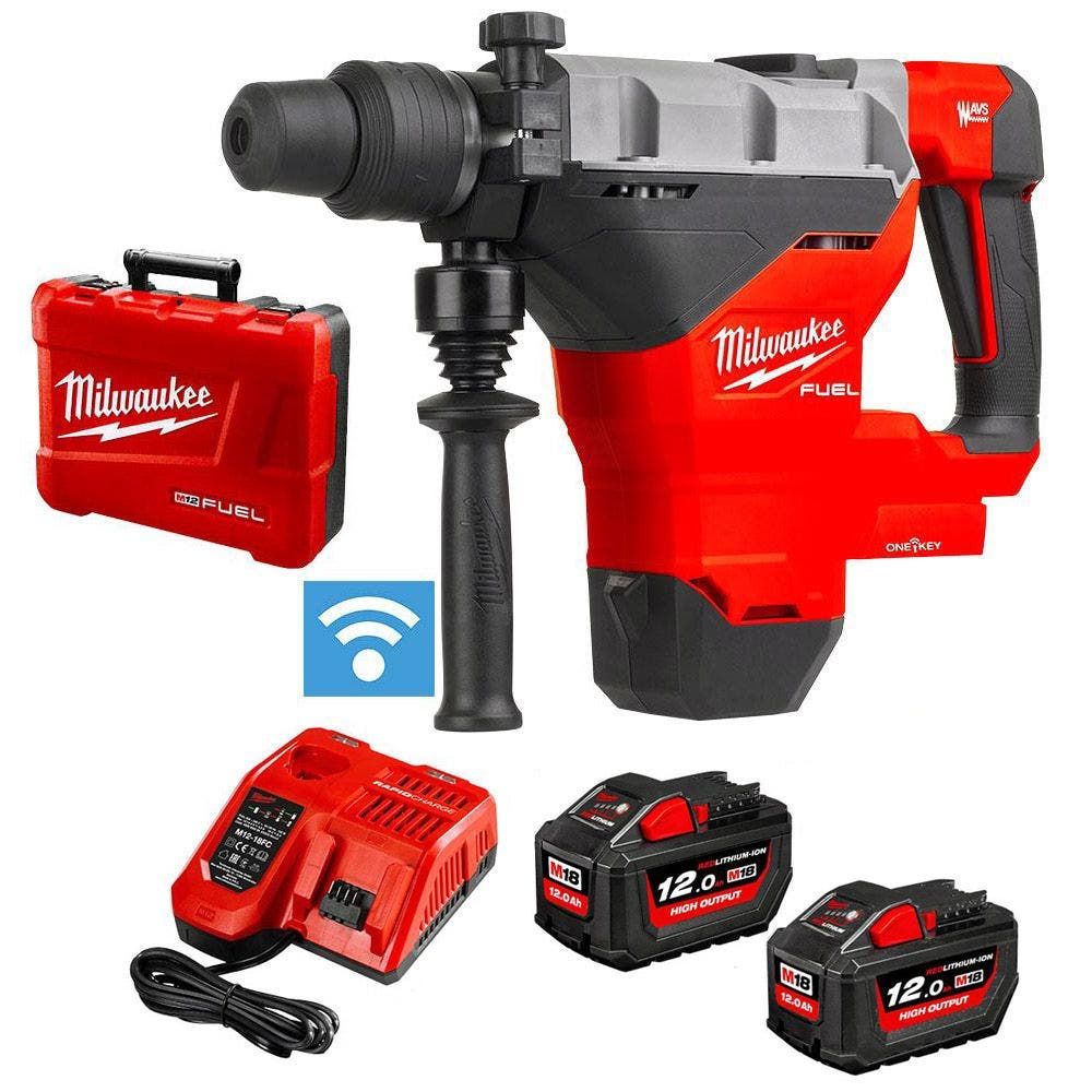 Kit de Martelo Rotativo SDS Max Milwaukee FUEL™ 18V com 2 Baterias de 12,0Ah e Encaixe de 44mm (M18FHM-122C)