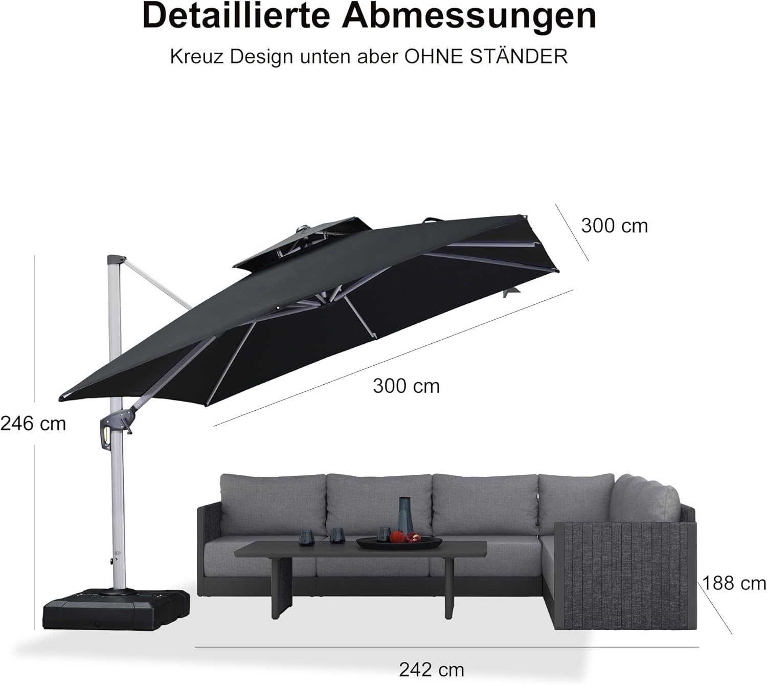 PURPLE LEAF Sonnenschirm Balkon 300 x 300 cm Ampelschirm Drehbar Marktschirm Groß 360° Rotation, Gartenschirm mit Kurbel, XXL Sonnenschutz UV50+, Grau