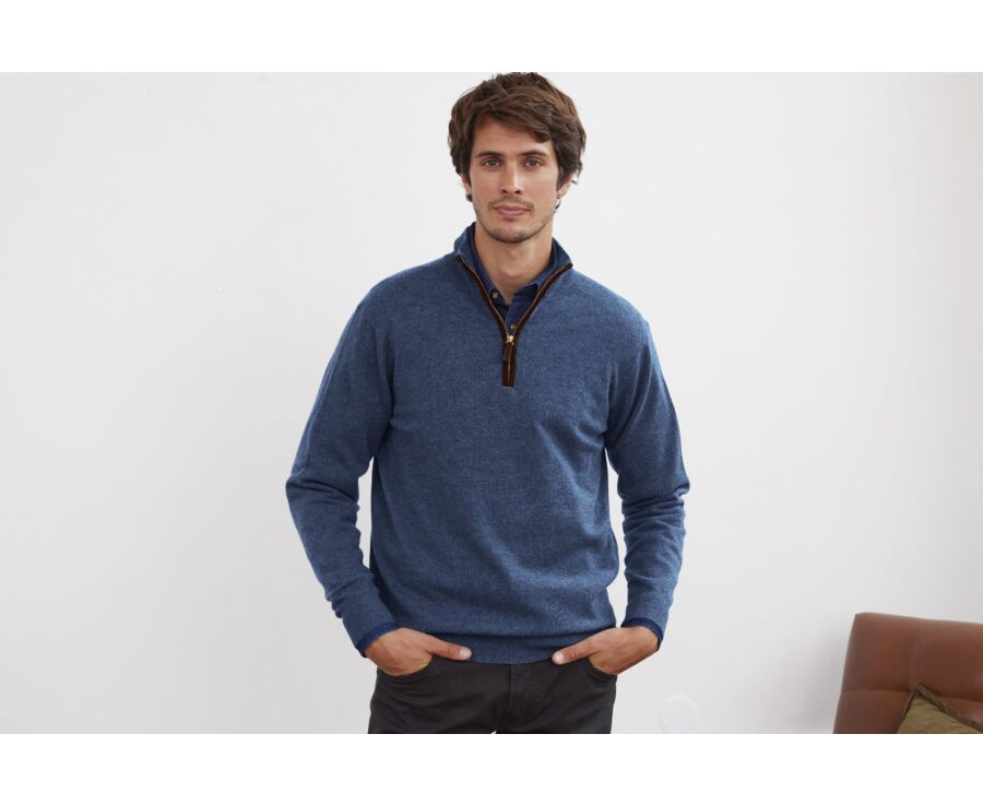 Pull col zippé homme laine Bleu Pétrole - KEITHY