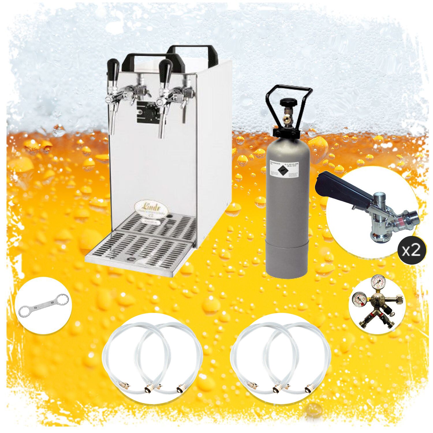 Komplett Set - Zapfanlage, Bierzapfanlage - Kontakt 40 2-leitig Trockenkühler, Durchlaufkühler 50 Liter/h, Green Line, Korb,Flach