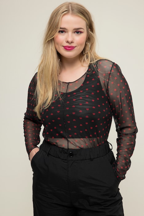 Mesh-Longsleeve, Regular Fit, Heart-Print, Rundhals