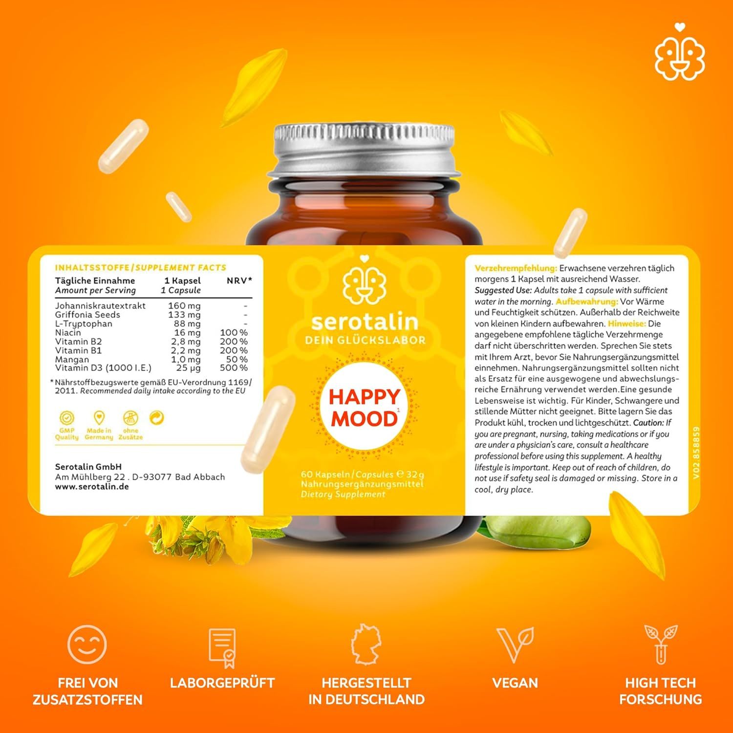 serotalin HAPPY MOOD 60 KAPSELN - Johanniskraut, 5-HTP & L-Tryptophan | Stimmungsboost | koffeinfrei