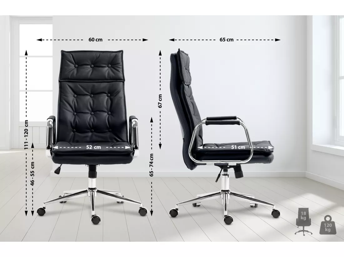 Chaise de bureau - Véritable cuir & Métal chromé - Noir - Sotira