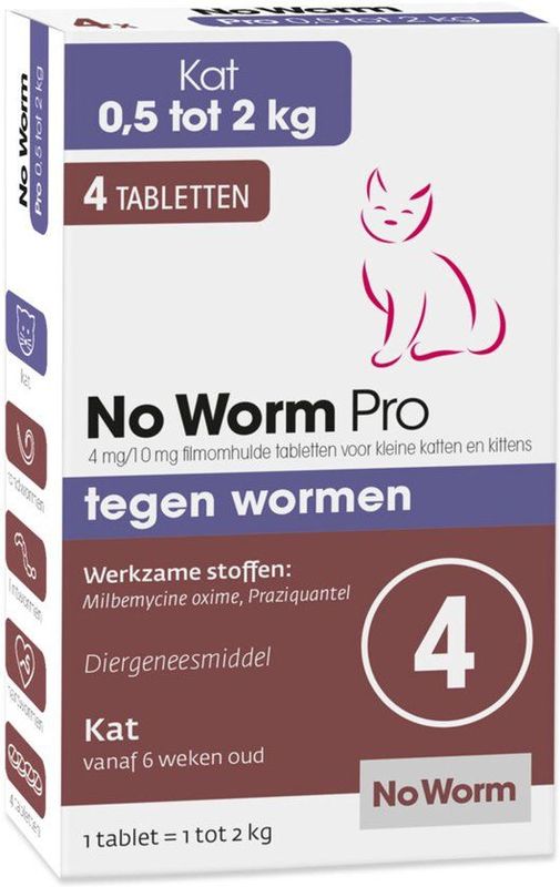 No Worm Pro - Ontworming Tabletten - Kleine Katten en Kittens - 4 Stuks