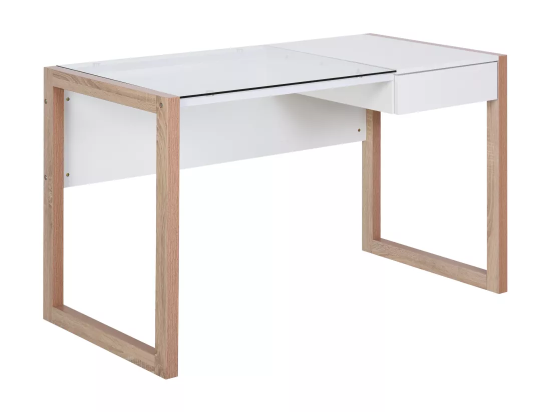 Bureau Informatique Table de Travail Ordinateur avec Grand Plateau en Verre Trempé et Tiroir Intégré Idéal pour Bureau Chambre 120 x 60 x 75 cm Blanc et Bois