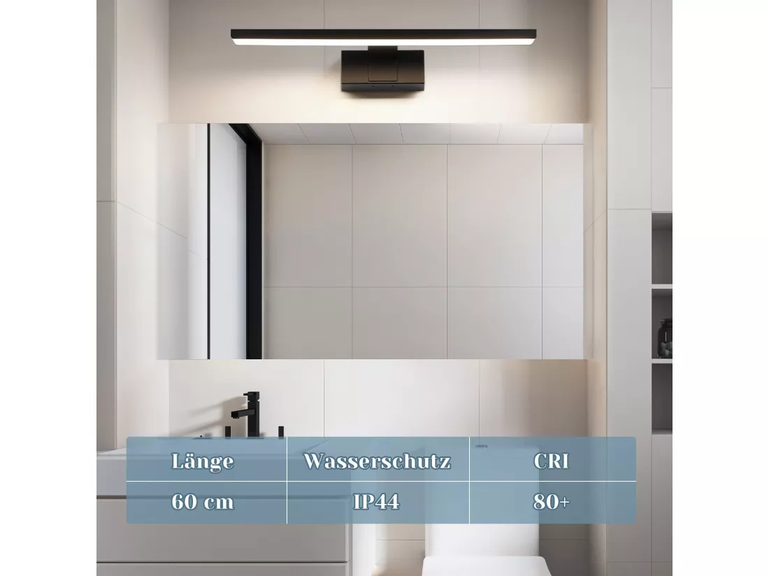 NETTLIFE Applique LED salle de bain，lampe miroir LED,IP44 lampe armoire, Moderne, lumière blanche neutre 4000k MAX.12W, 60×5.1×12.8cm, noire