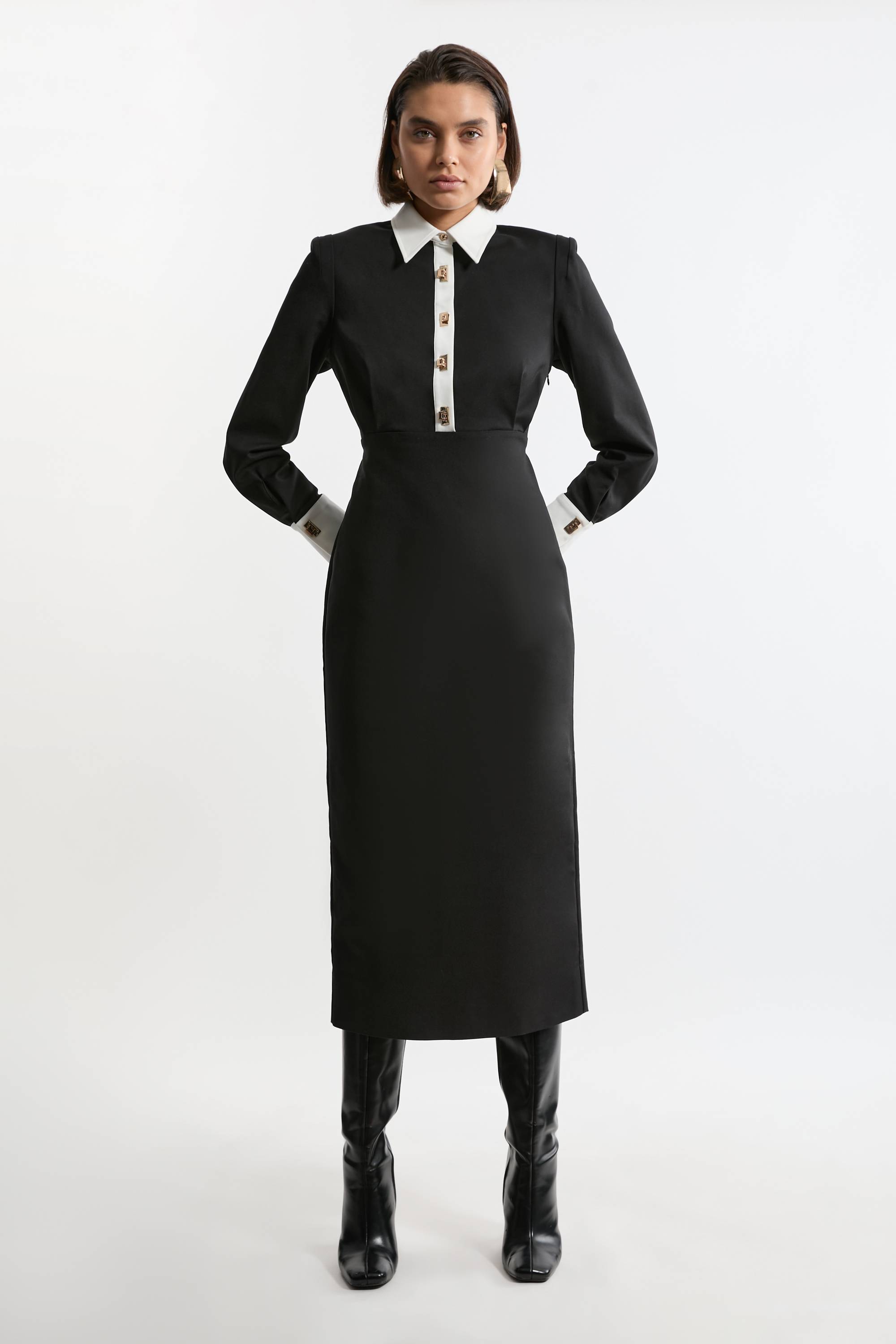KarenMillen Robe Chemise Maxi en Coton Tissé Techno Petite avec Fermoirs Dorés