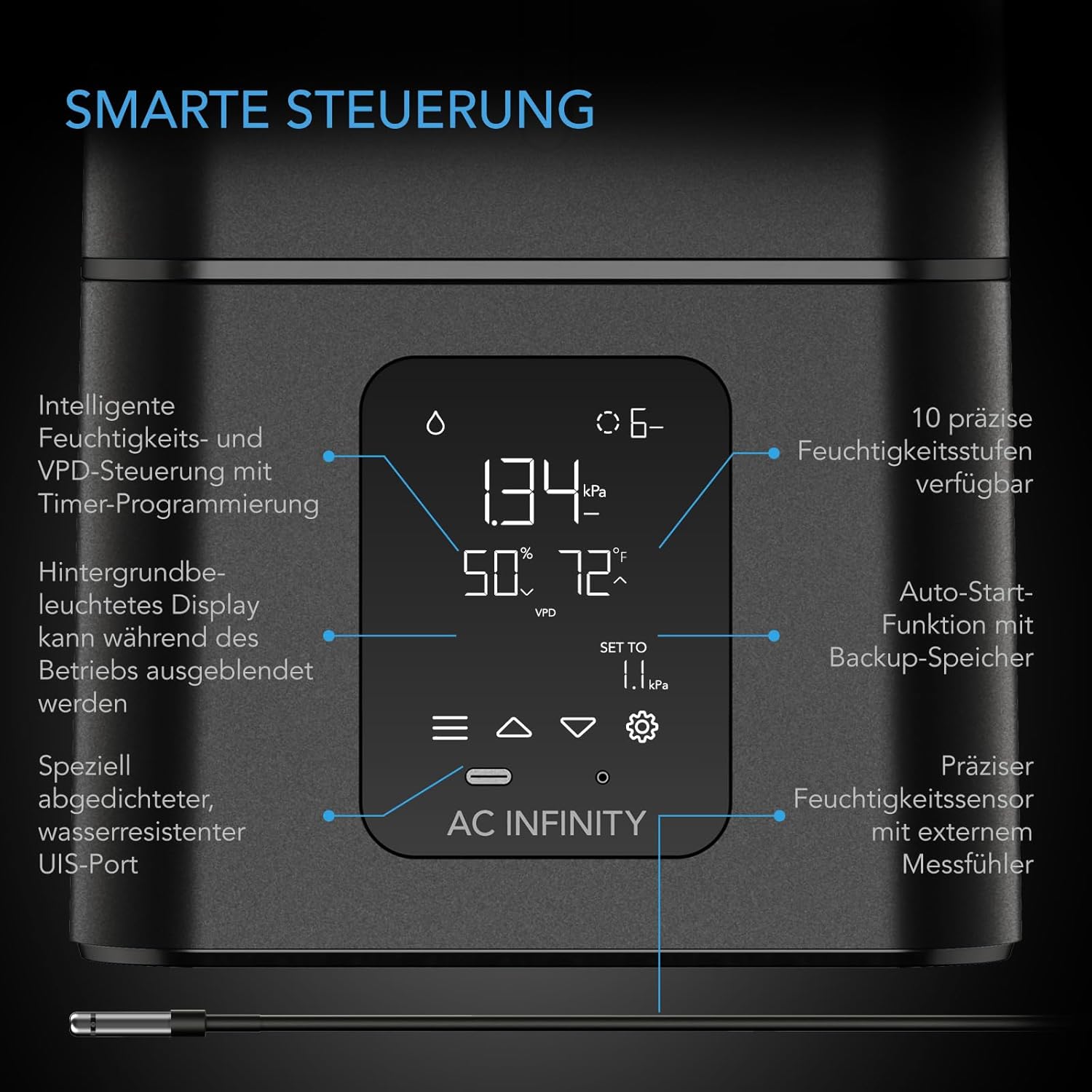 AC Infinity CLOUDFORGE T7 – Pflanzen-Luftbefeuchter 15 L mit VPD-Luftfeuchtigkeitssteuerung, 10-stufigem Präzisionsvernebler, verlängerbarem Auslassschlauch auslaufsicherem Verschluss Grow Zelte
