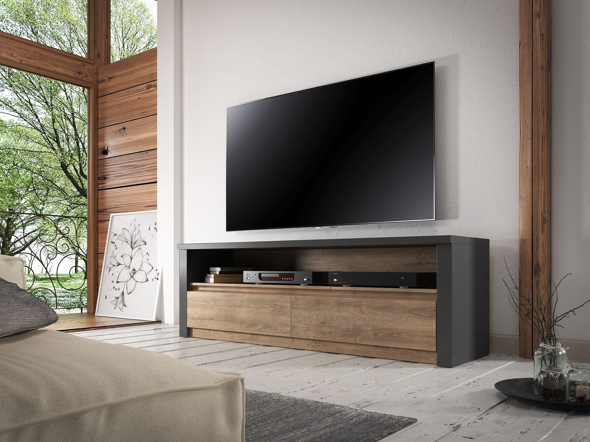 Meubella - TV-Meubel Monaco - Eiken - Grijs - 130 cm