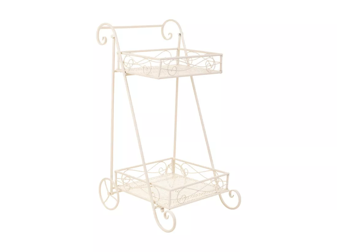 Chariot à 2 étagères pour pots de fleurs en fer forgé blanc 40x34x76h cm