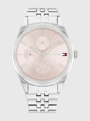 Relógio de pulso com pulseira em aço inoxidável.