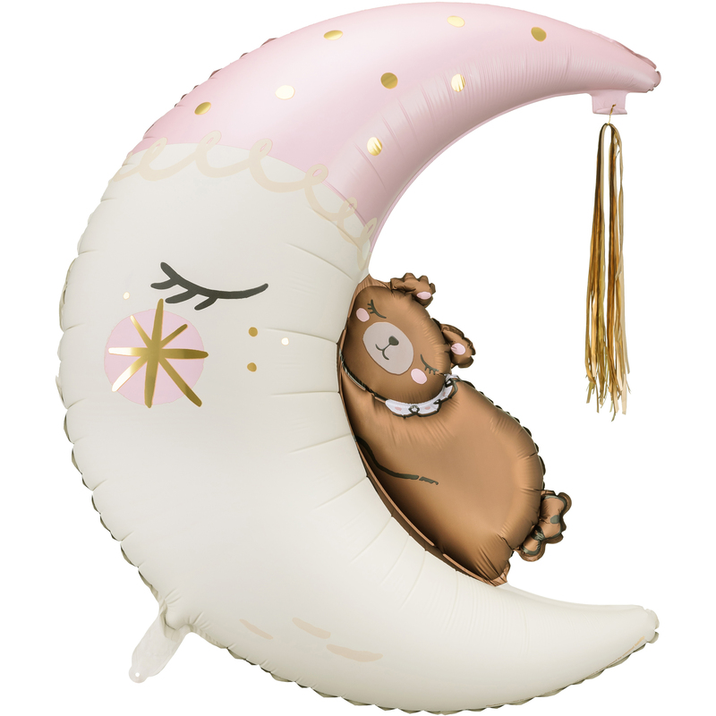 Partydeco Folienballon Teddybär auf dem Mond, beige/hellrosa