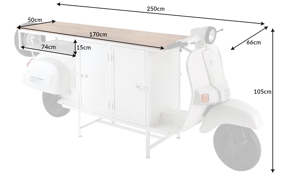 Extravaganter Barschrank SCOOTER 250cm weiß Retro-Konsole Motorroller mit Mangoholz Upcycling