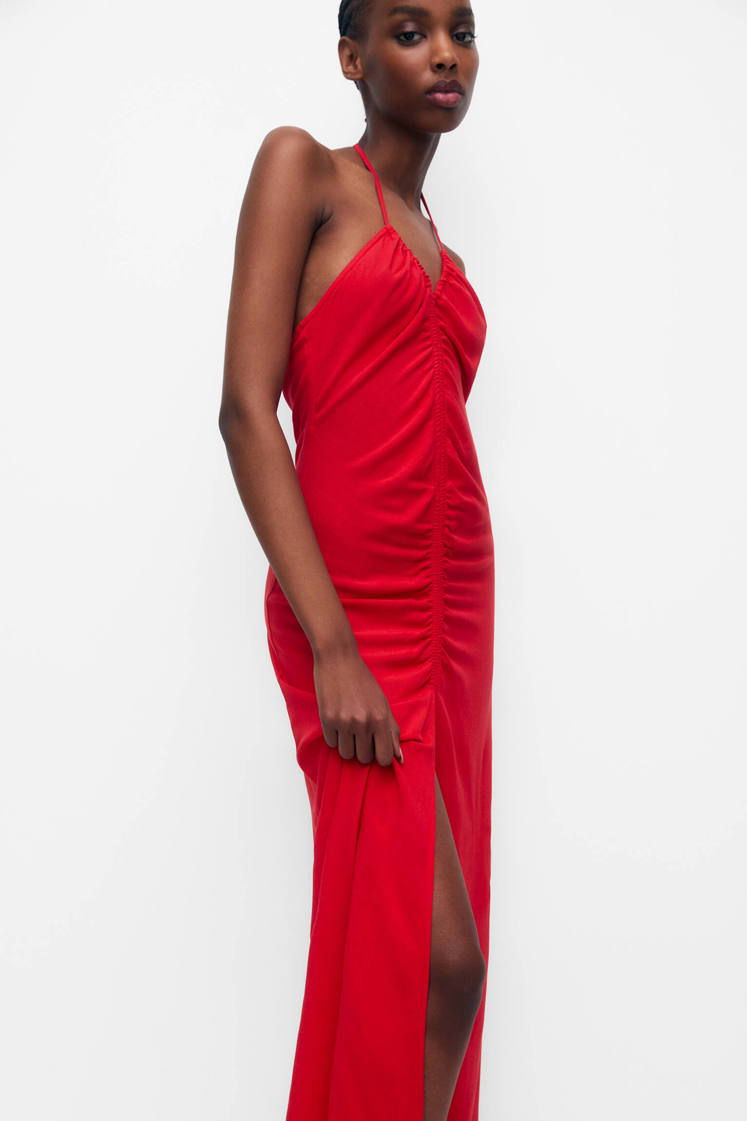 VESTIDO LONGO COM BABADO E ALÇAS - VERMELHO