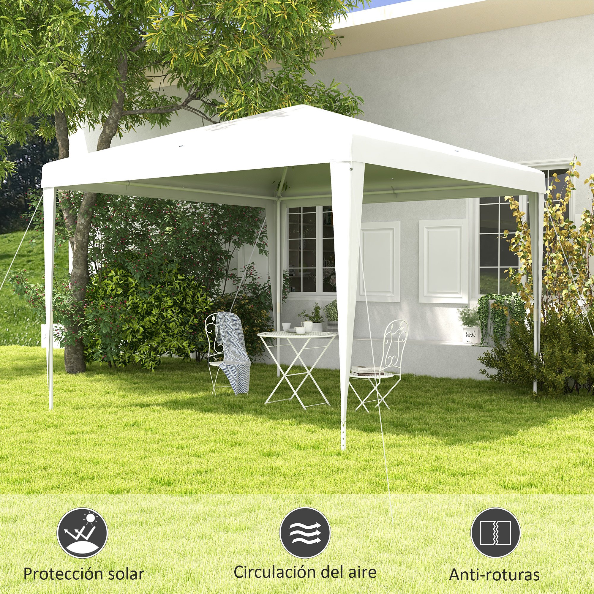 Tenda/Gazebo de Jardim Desmontável Outsunny 3x3m com 4 Orifícios de Drenagem e Estrutura de Aço para Terraço, Pátio, Camping ao Ar Livre, Branca
