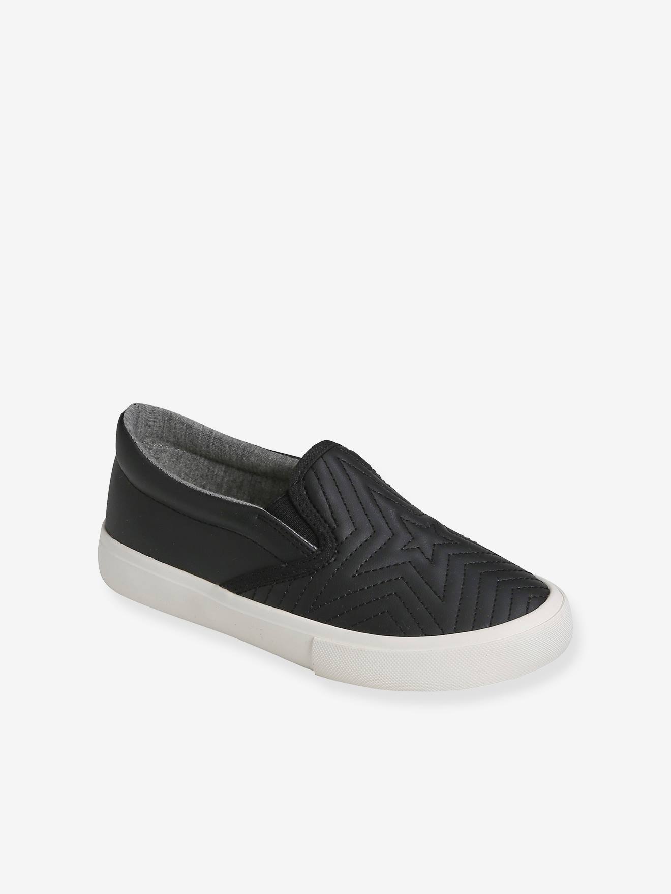 Tênis slip-on com estrelas bordadas, para meninas, preto liso.
