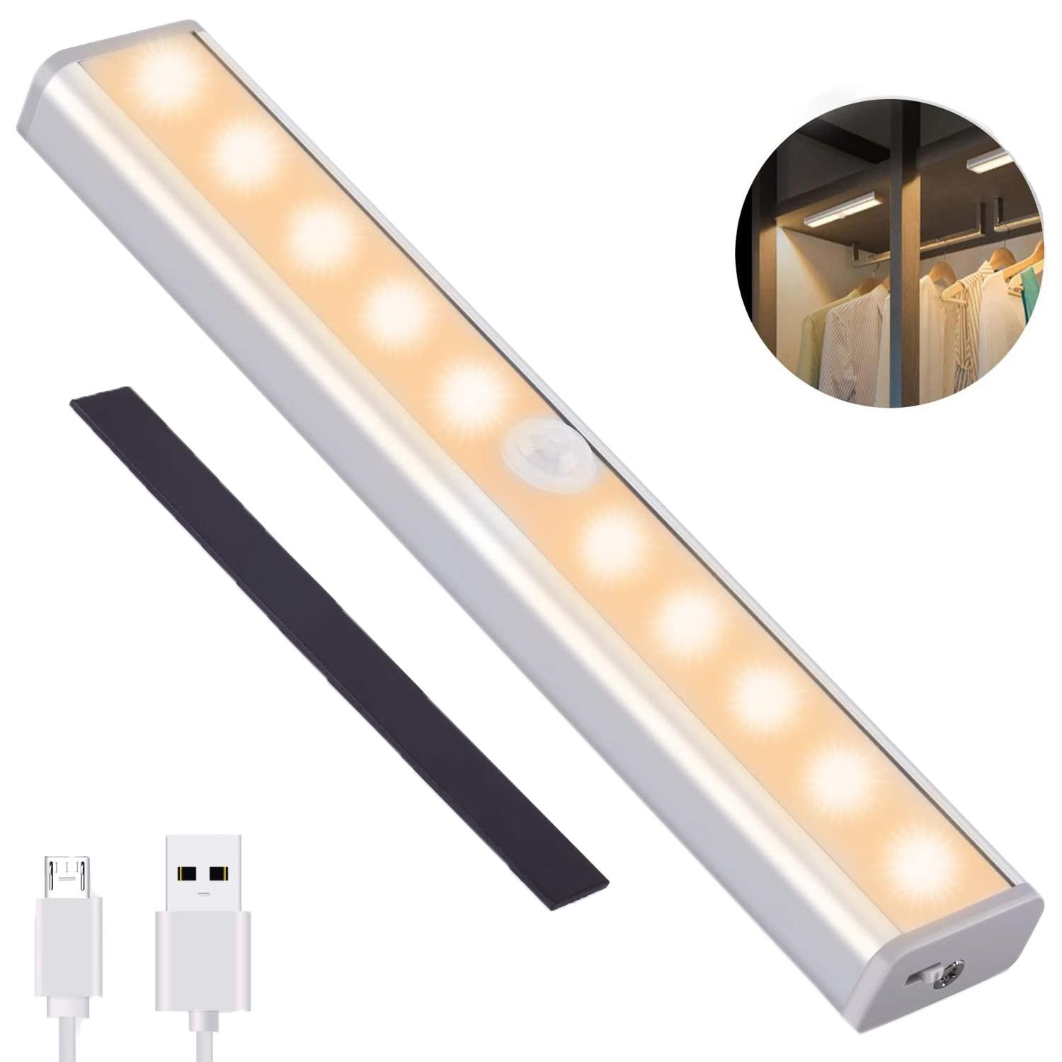 (19cm) 10 LED's Lichtleiste Magnetische USB Leuchte Schrank Beleuchtung mit PIR Bewegungsmelder   Magnet Halterung - Warmweiss