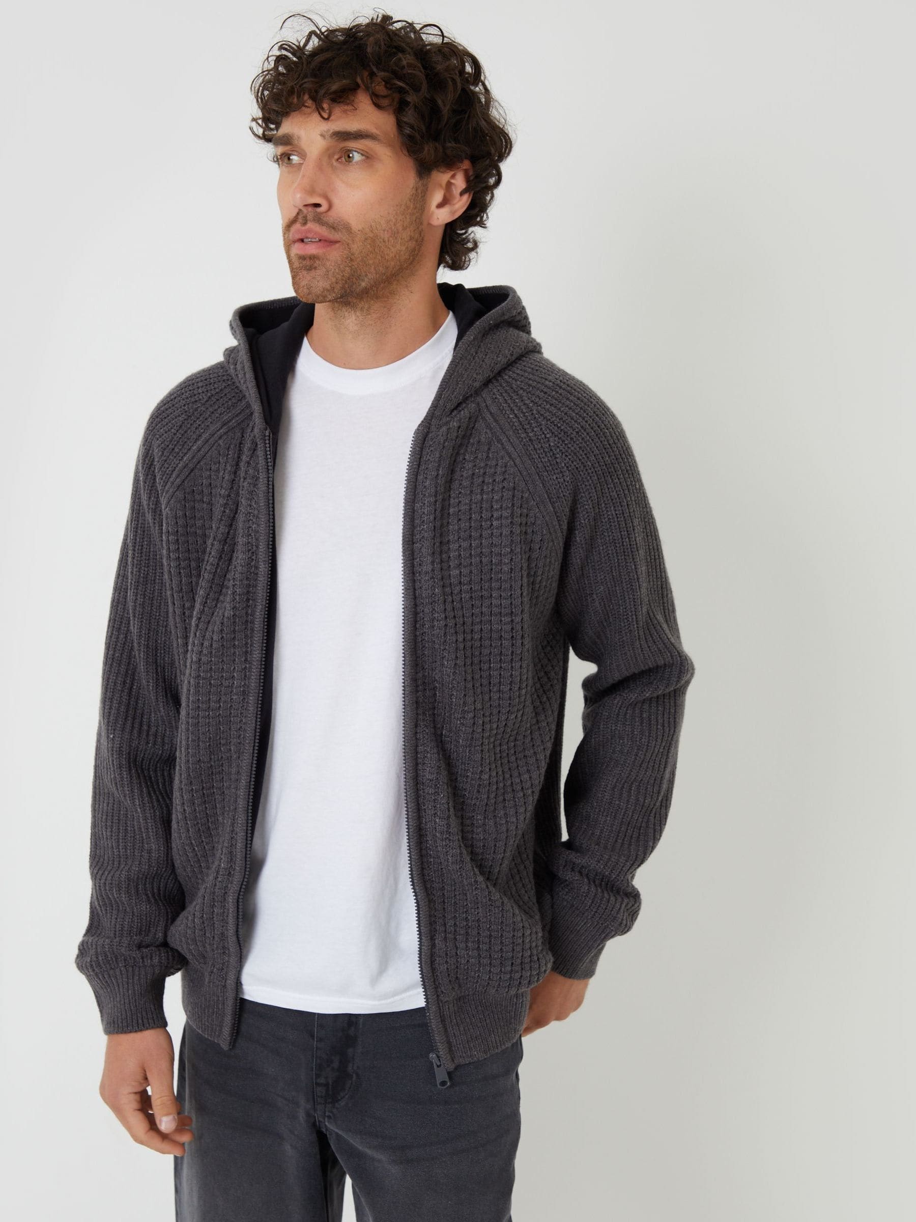 Grijs - Threadbare gebreide hoodie met rits en microfleece voering