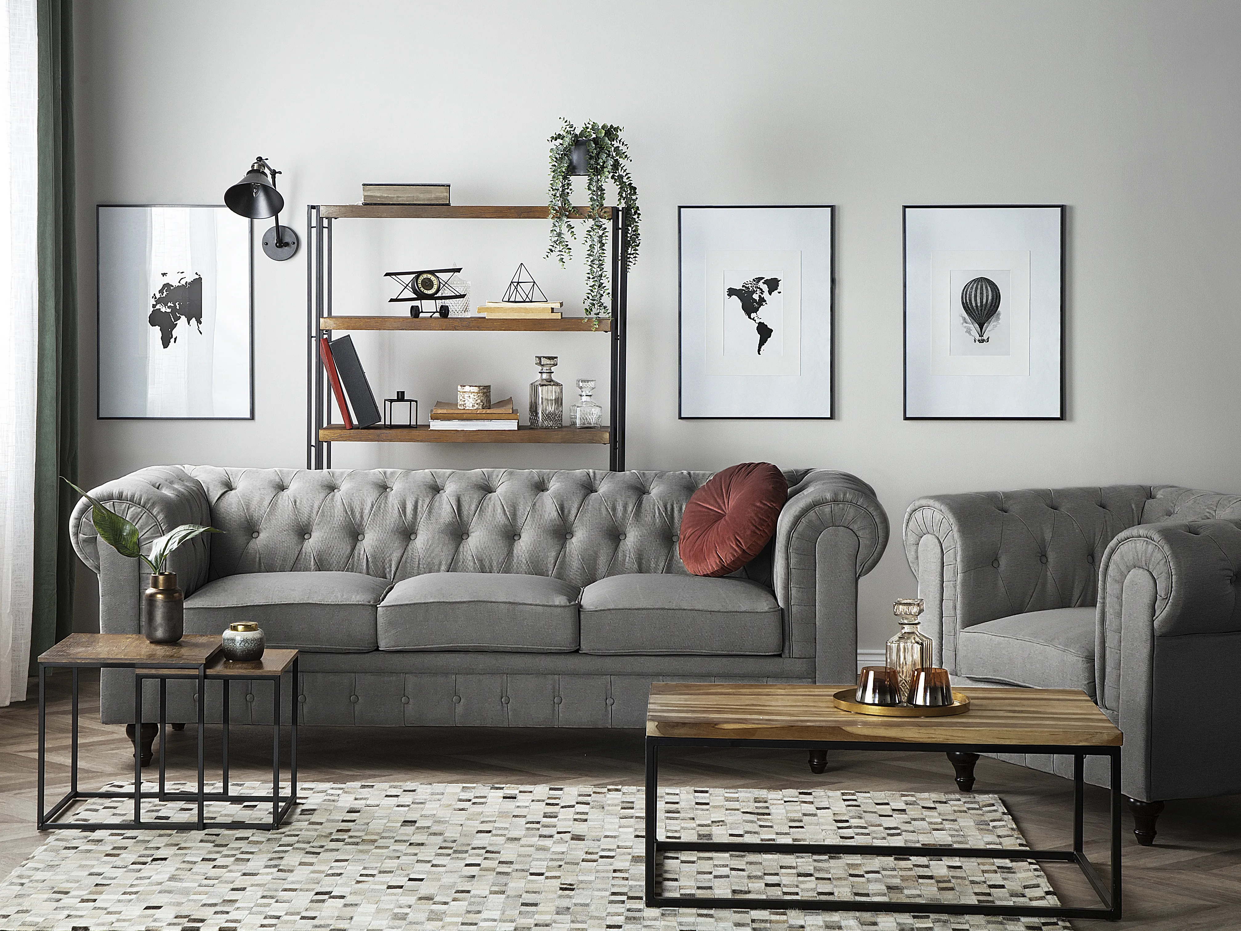 Bankenset 4-zits CHESTERFIELD Stof Lichtgrijs