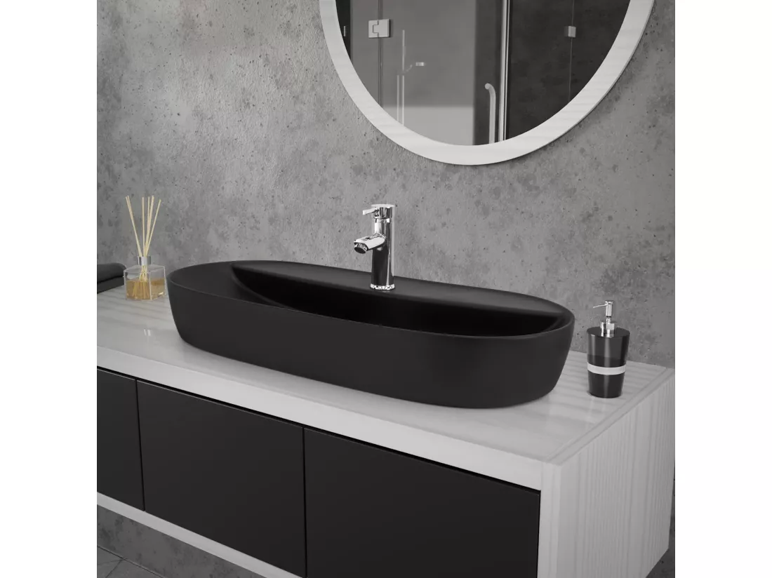 Vasque à poser céramique noir lavabo avec garniture de vidage noir 800x400 mm