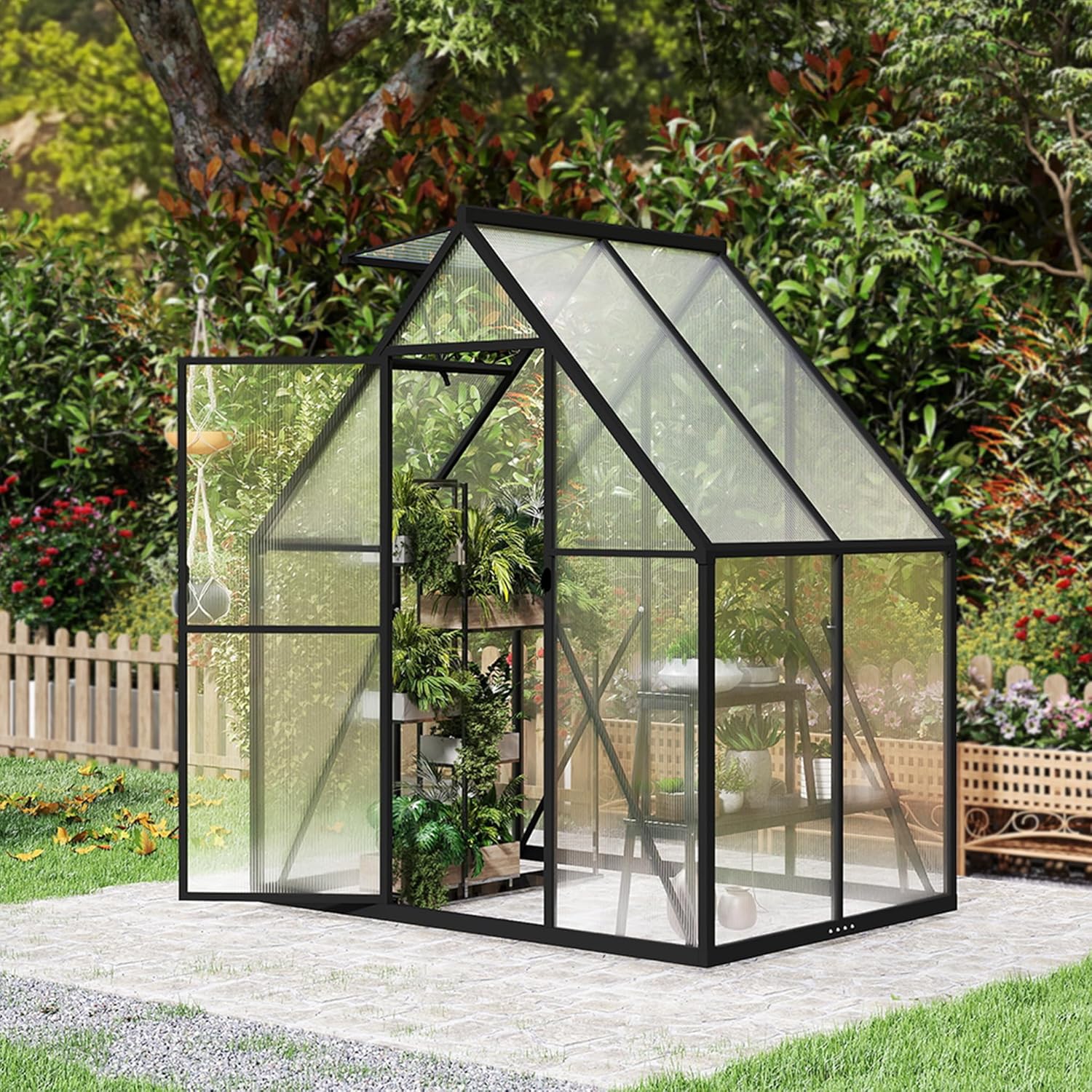 Gewächshaus Aluminium Treibhaus mit Transparent PC Platten Dachfenster & Tür & Fundament 125x180x195cm Winterfest Gartengewächshäuser Begehbares Pflanzenhaus für Garten Outdoor