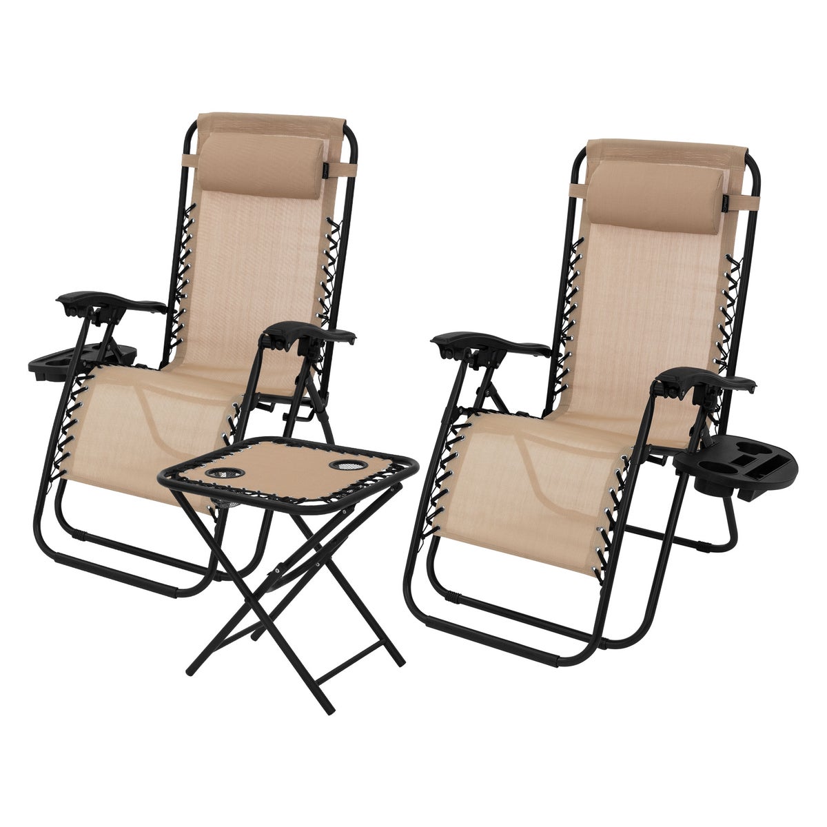 ML-Design 3-delige opvouwbare ligstoelset, tuinligstoelset met tafel, taupe, ligstoel met verstelbare hoofdsteun en rugleuning, weerbestendig/buiten, relaxstoel voor in de tuin met bekerhouder
