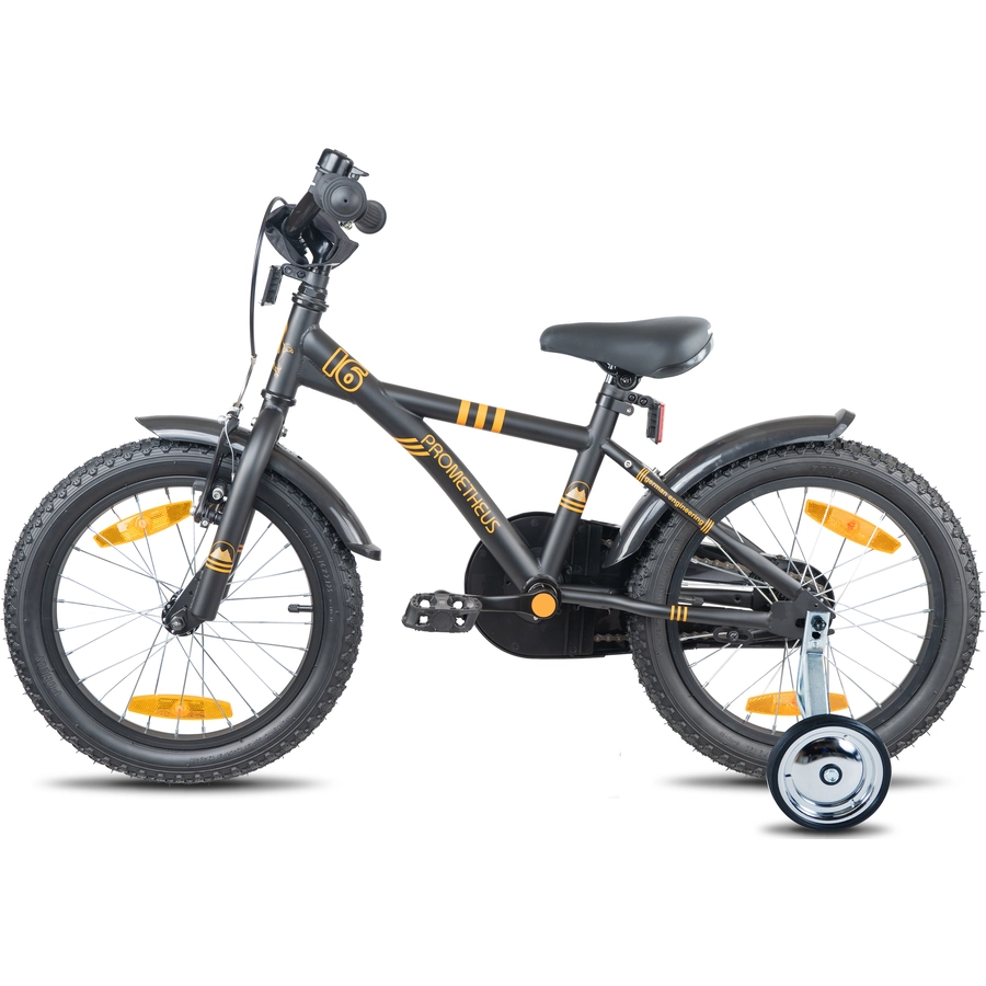 PROMETHEUS BICYCLES® Kinderfahrrad 16, Schwarz-Matt Orange mit Stützrädern