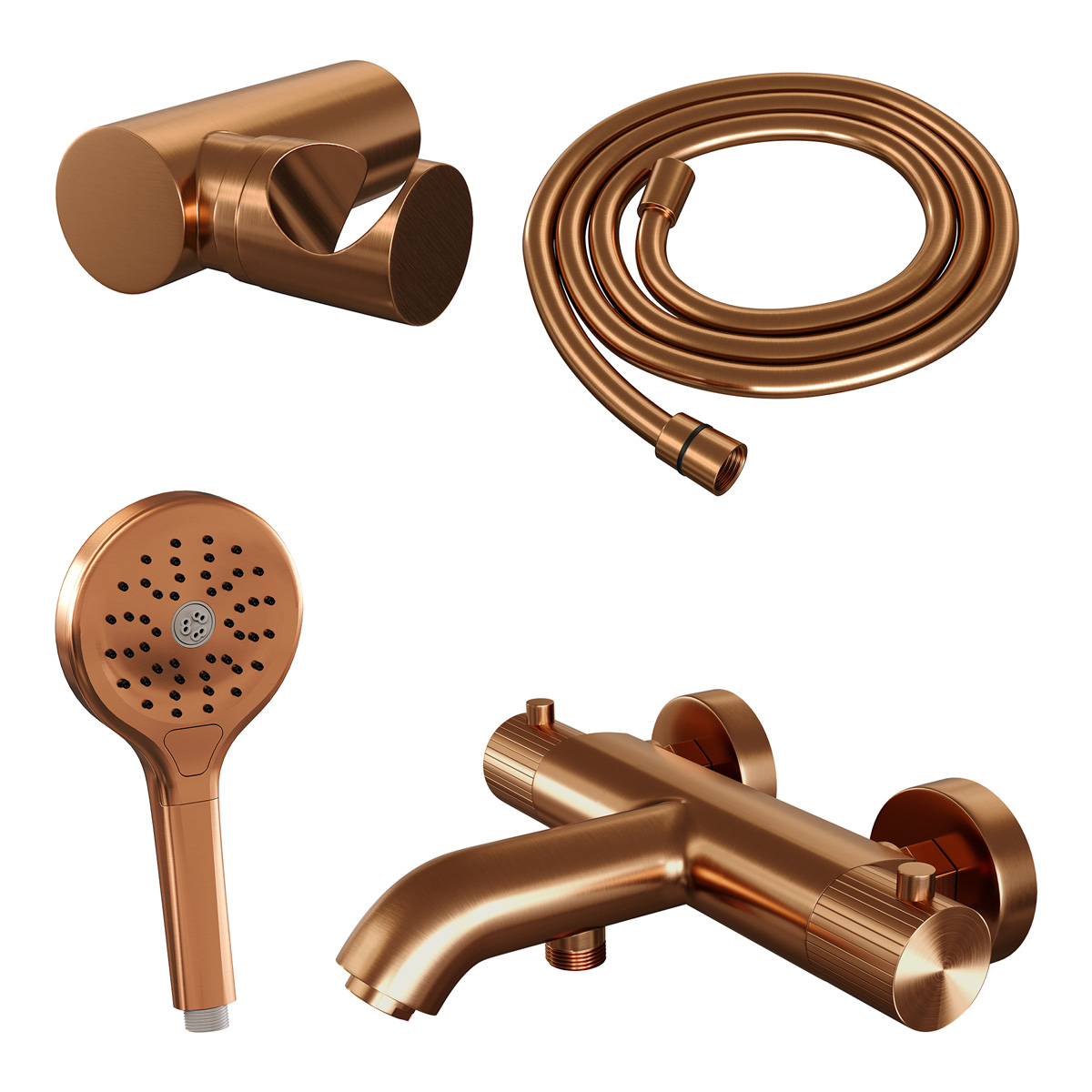 Brauer Stripe thermostatische badkraan met wandhouder en 3 standen handdouche koper geborsteld PVD