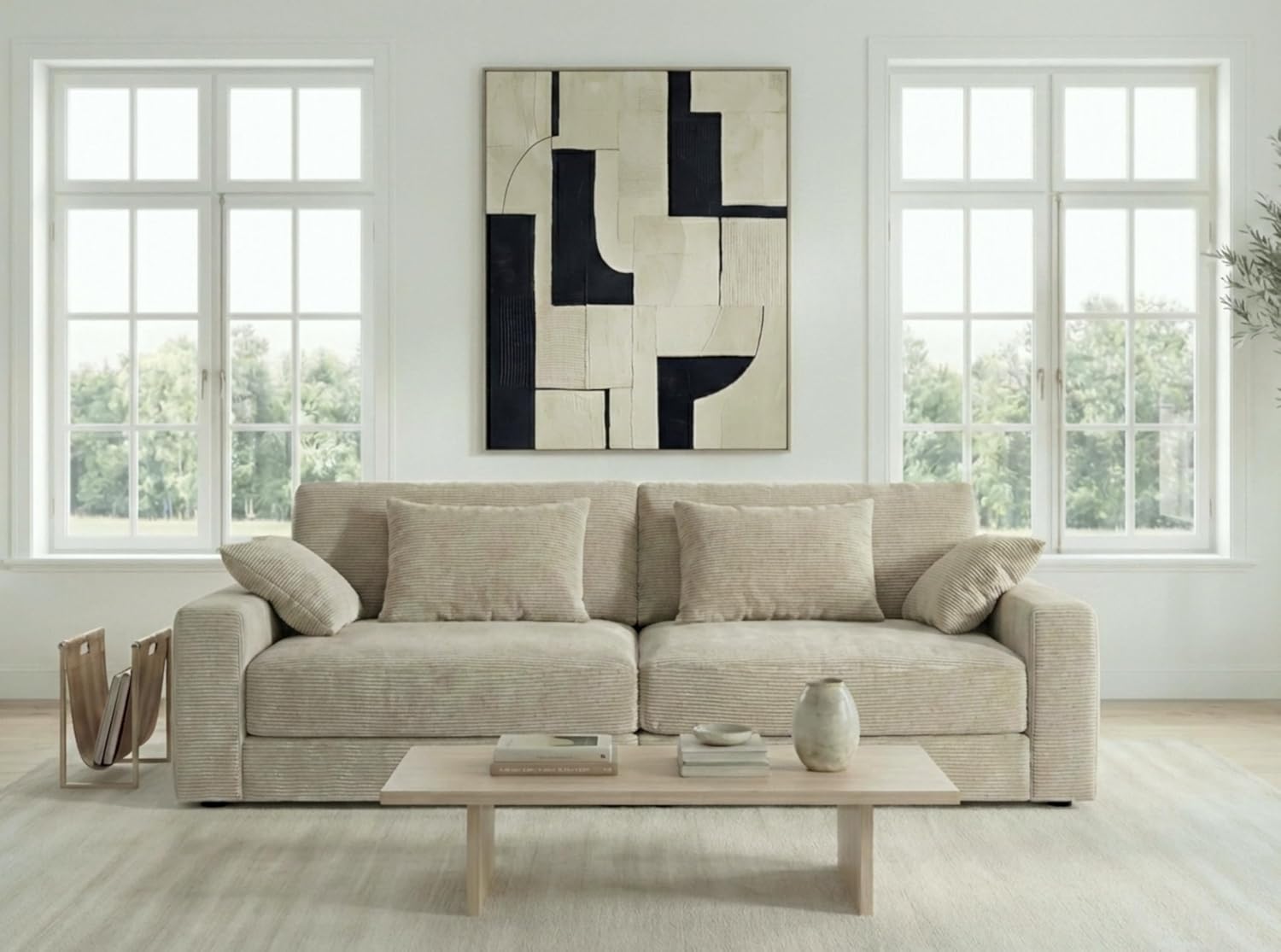 Großes Big-Sofa mit Bonellfederkern-Polsterung B290/T135/H90 cm, Lounge-Couch mit Rückenkissen und Zierkissen, weicher und robuster Trend-Bezug aus Cord in Beige Grau / 15251