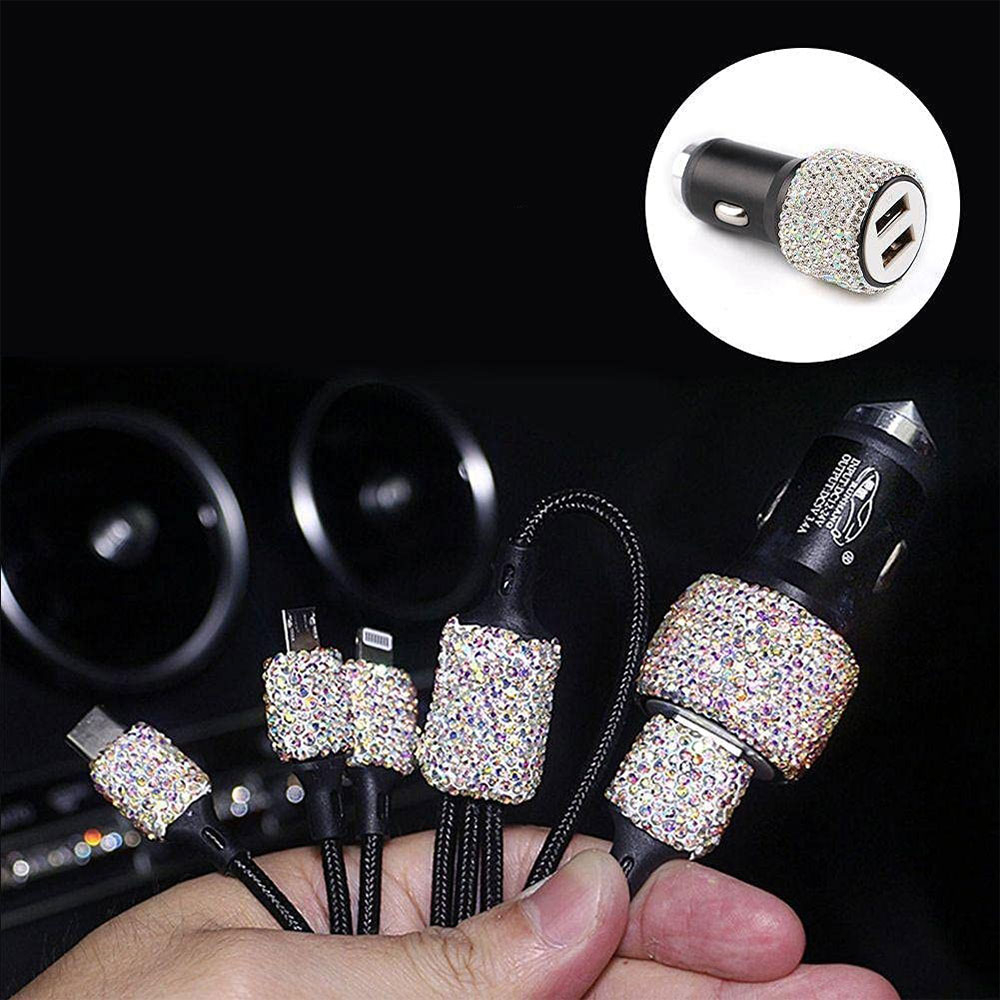 (1.2m) 3in1 Glitzer USB A auf Lightning / Micro USB / USB C Nylon Ladekabel   Dual KFZ Ladegerät - Rainbow