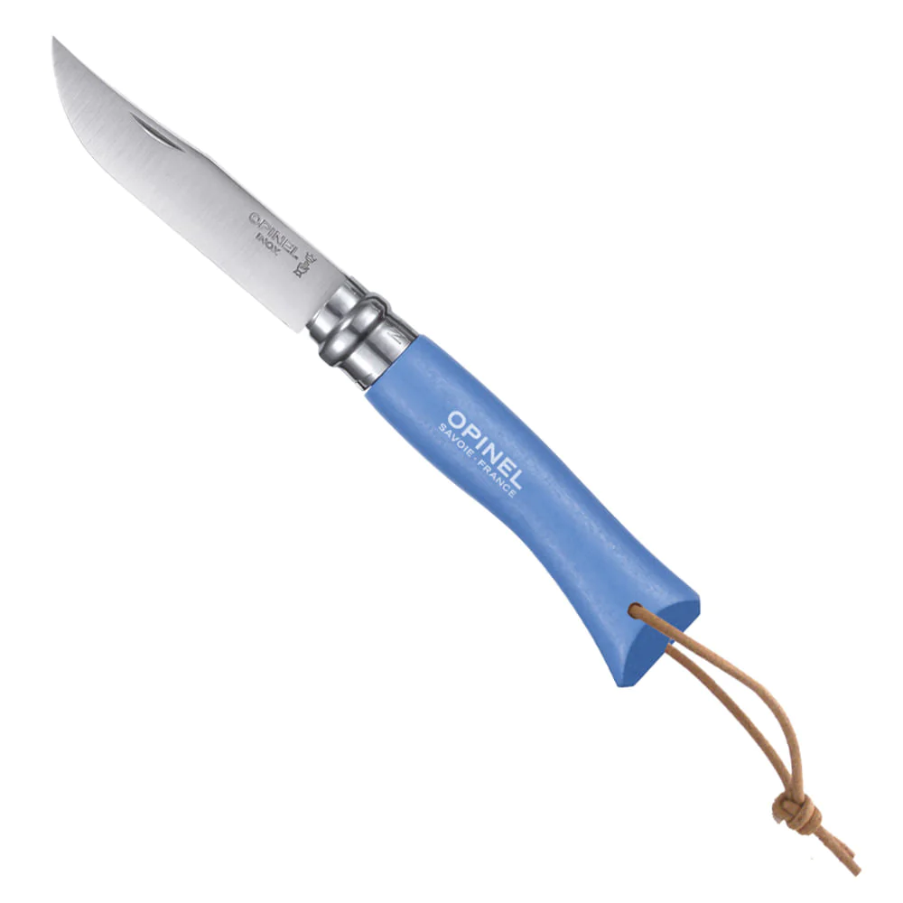 Couteau Baroudeur n°7 - lame 8 cm bleu avec lien en cuir Opinel