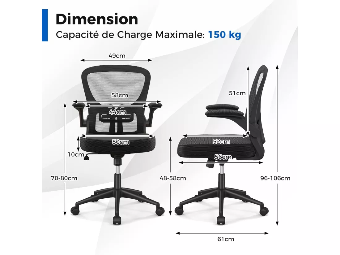 Chaise de Bureau Ergonomique, Chaise Pivotante avec Accoudoirs Escamotables, Soutien Lombaire Réglable et Dossier Basculant de 90° à 120°, pour Bureau, Chambre, Noir